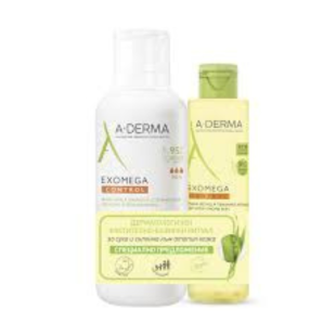 Комплект A-Derma Exomega Control Емолиентен балсам 400мл + Емолиентeн почистващ гел 2в1 200мл