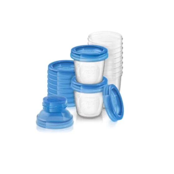 Комплект контейнери за кърма - 10 чаши х180 мл+10 капачки+2бр Адаптори Avent