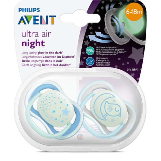 Ортодонтични залъгалки Ultra Air Night момче 6-18м. 2бр Avent