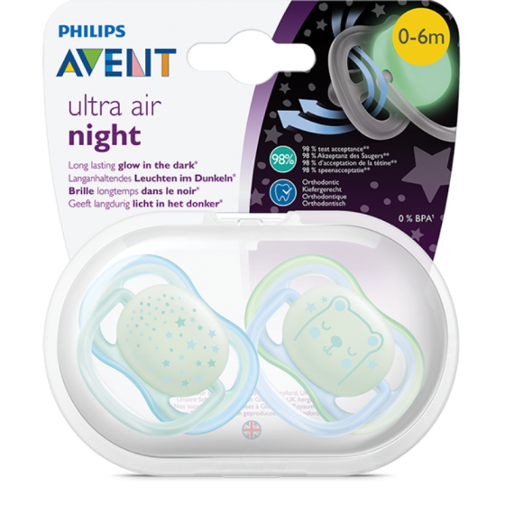 Ортодонтични залъгалки Ultra Air Night момче 0-6м. 2бр Avent