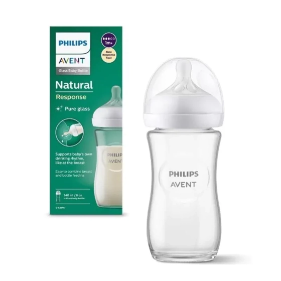 Стъклена бутилка Natural Response 240 мл, 1м+ с биберон с поток 3 Avent