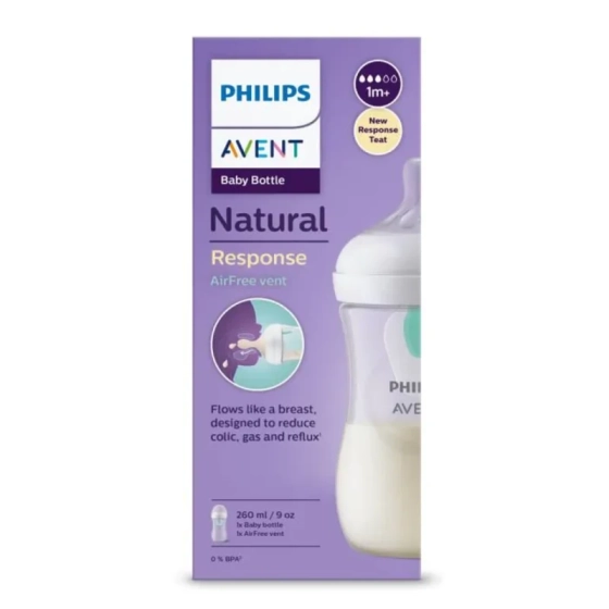 Бутилка Natural Response AirFree 260мл 1м+ с биберон с поток 3 с неутрален цвят Avent