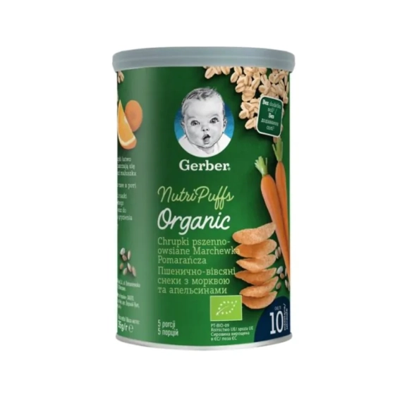 Gerber Organic, Пшенично-овесен снакс с морков и портокал, от 10-ия месец, 35g