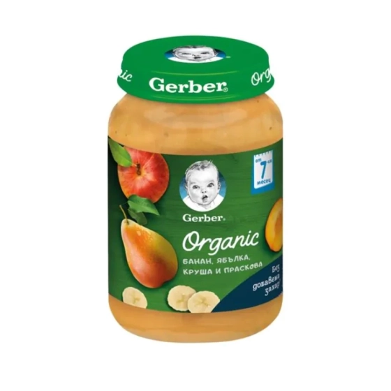 Gerber Organic Храна за бебета Пюре от банан, ябълка, круша и праскова от 7-ия месец 190g