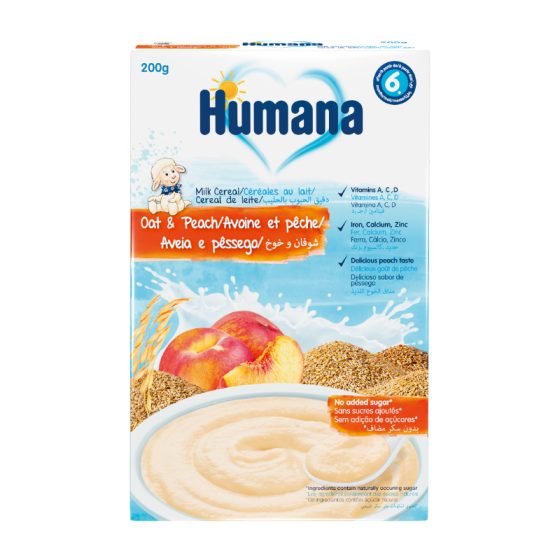 Humana Млечно-зърнена каша с овесени ядки и праскови от 6-ия месец 200гр.