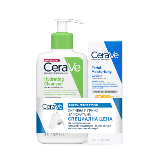 CeraVe Хидратиращ крем за лице SPF30 52 мл + CeraVe Измиващ крем за лице и тяло 236 мл 203636