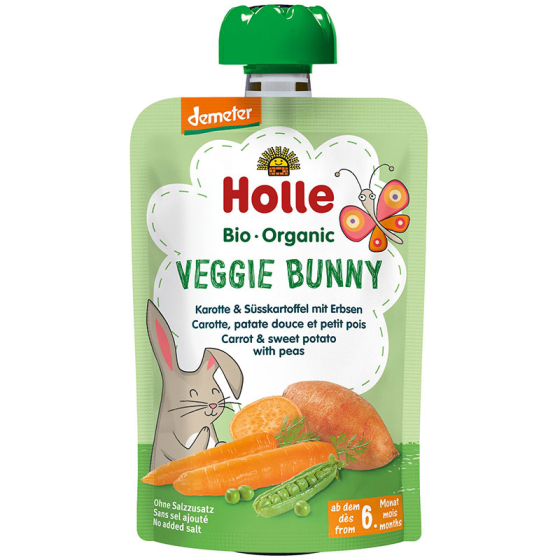 Holle Био пюре пaуч с морков, сладък картоф и грах 6+ месеца 100г