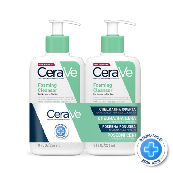 Cerave измиваща гел пяна за лице и тяло за нормална към мазна кожа 236мл x2 броя 701019