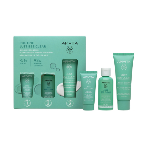 Комплект Apivita Just Bee Clear Крем 40мл + Почистващ гел 15мл + Пречистващ лосион 50мл