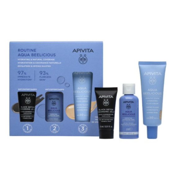 Комплект Apivita Aqua Beelicious Тониран крем SPF30 40мл + Детокс гел 15мл + Тоник 50мл