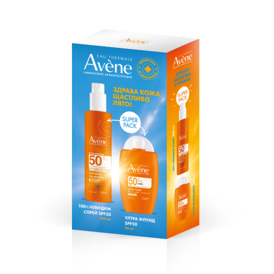 Комплект Avene Слънцезащитен спрей за възрастни SPF50+ 200мл + Ултра флуид за лице SPF50+ 50мл