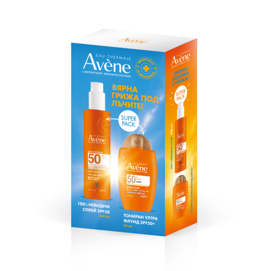 Комплект Avene Слънцезащитен спрей за възрастни SPF50+ 200мл + Тониран ултра флуид SPF50+ 50мл