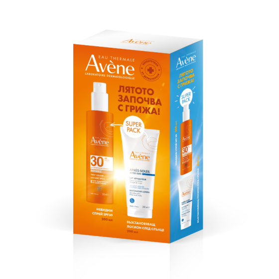Комплект Avene Слънцезащитен спрей за възрастни SPF30 200мл + Лосион за след слънце 200мл