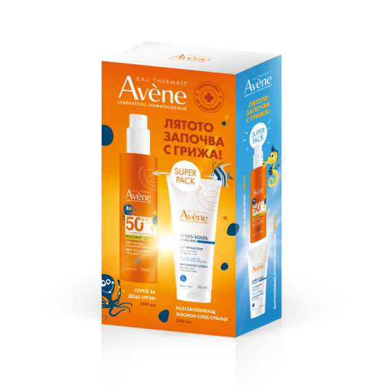 Комплект Avene Слънцезащитен спрей за деца SPF50+ + Лосион за след слънце 2х200мл