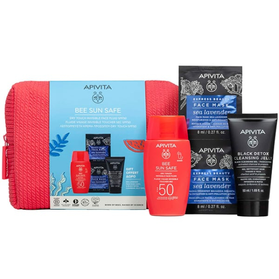 Комплект Apivita Слънцезащитен флуид SPF50 50мл + Почистващ гел 50мл +Маска за лице 2х8мл