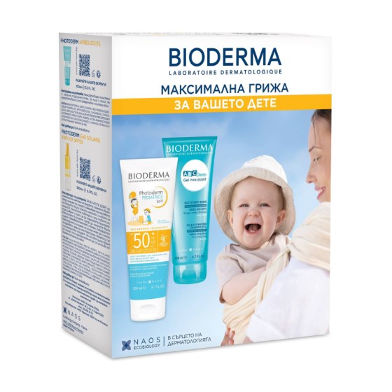 Комплект Bioderma Photoderm Pediatrics Слънцезащитно мляко SPF50+ 200мл + Abc derm Гел мусан 200мл