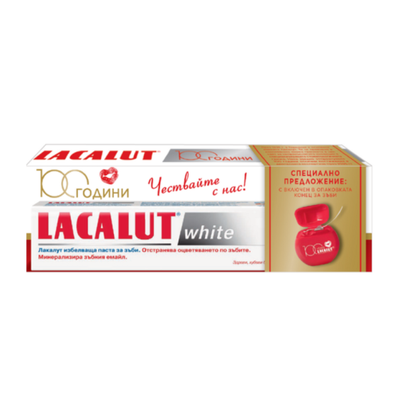 Комплект 100 години Lacalut Избелваща паста за зъби 75мл + конец за зъби
