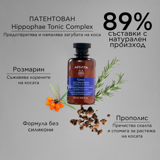 Apivita men’s tonic shampoo тоник-шампоан за мъже с hippophae tc и розмарин за тънка коса 250ml