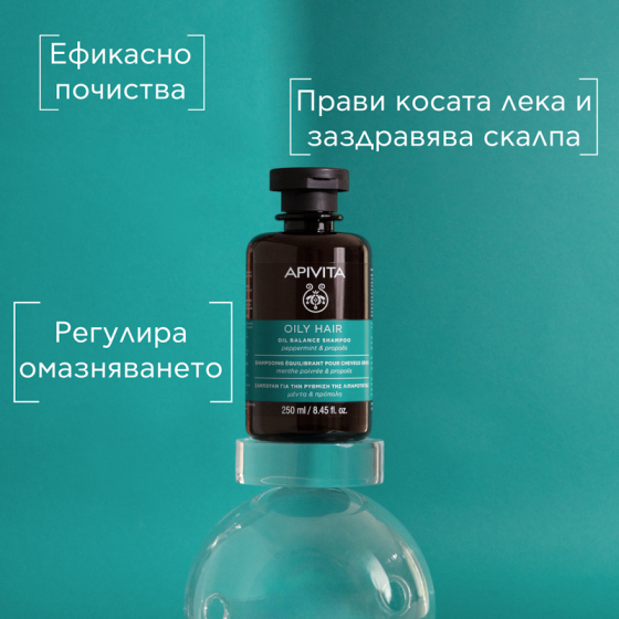 Apivita шампоан за контрол на омазняването с мента и прополис 250мл