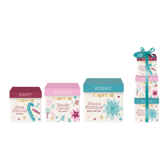 TAKE TIME Празничен сет Балсам за устни + Бомбичка за вана 40г + Крем за тяло 50мл