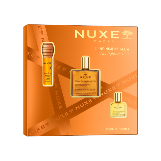 Комплект Nuxe Сухо олио със златисти частици 50мл + Грижа за устни 10мл + Сухо олио 10мл