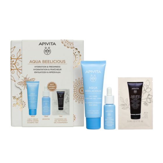 Комплект Apivita Aqua Beelicious Лек гел-крем 40мл + Бустер за лице 10мл + Black Detox Почистващ гел