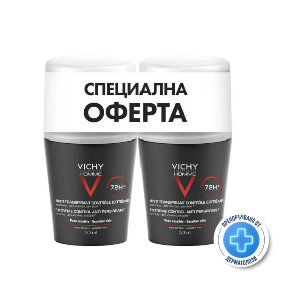 Vichy Homme Дезодорант рол-он с 72 часа ефект против интензивно изпотяване за мъже 50 мл 2 бр.