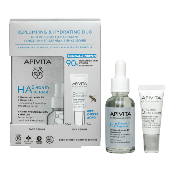 Apivita Дуо HA5 Honey Repair Уплътняващ възстановяващ серум за лице 30мл + Околоочен крем 5мл