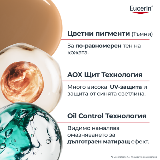 Eucerin oil control оцветен слънцезащитен гел-крем за лице spf50+ тъмен, 50мл