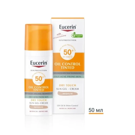 Eucerin oil control оцветен слънцезащитен гел-крем за лице spf50+ тъмен, 50мл