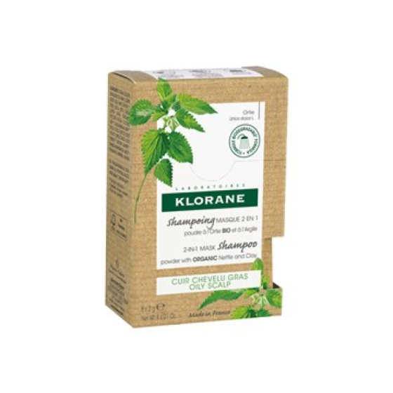 Klorane nettle 2в1 прахообразна маска-шампоан за мазна коса с органична коприва и глина 8х3г