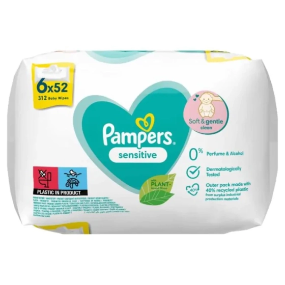 Pampers sensitive бебешки мокри кърпички 6х52