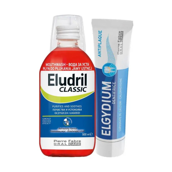 Eludril Classic антибактериална вода за уста 500мл + Elgydium антиплакова паста за зъби 100мл
