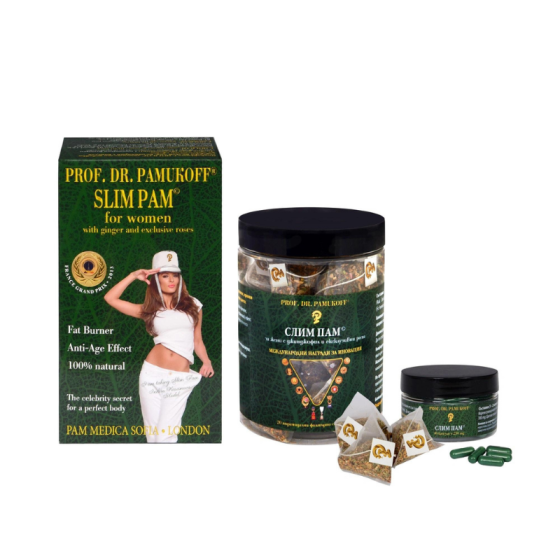 Слим пам зелена серия с джинджифил капсули х 40 + Слим Пам чай филтър х 20