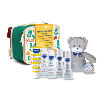 Комплект Mustela Слънцезащитен лосион SPF50+ 40мл + Мече Мусти + Несесер + 4 мини продукта