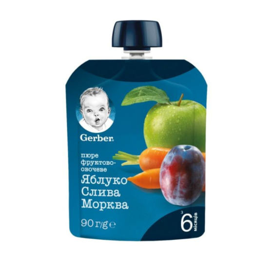 Gerber Natural for baby Пюре от ябълка, слива и морков, от 6-ия месец, 80g, пауч Годен до: 31.7.2026 г.