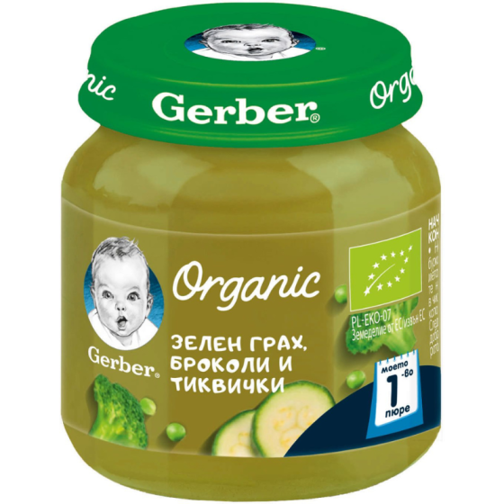 Gerber Organic Храна за бебета Пюре от зелен грах, броколи и тиквички моето 1-во пюре, 125g, бурканч Годен до: 30/05/2026