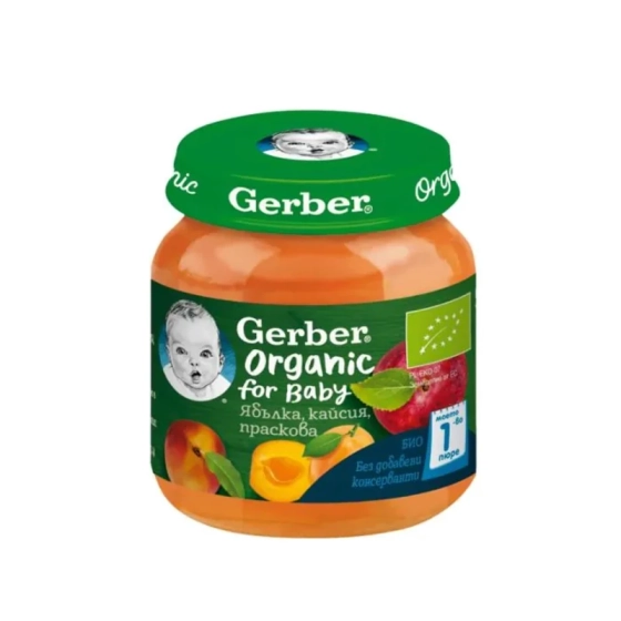 Gerber Organic Храна за бебета Пюре от ябълка, кайсия и праскова oт 6-ия месец, 125g бурканче Годен до: 31.7.2026 г.