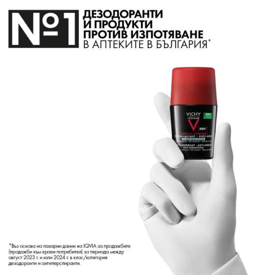Vichy Homme Clinical Control Рол-он дезодорант против неприятна миризма до 96 часа, 50мл 805025
