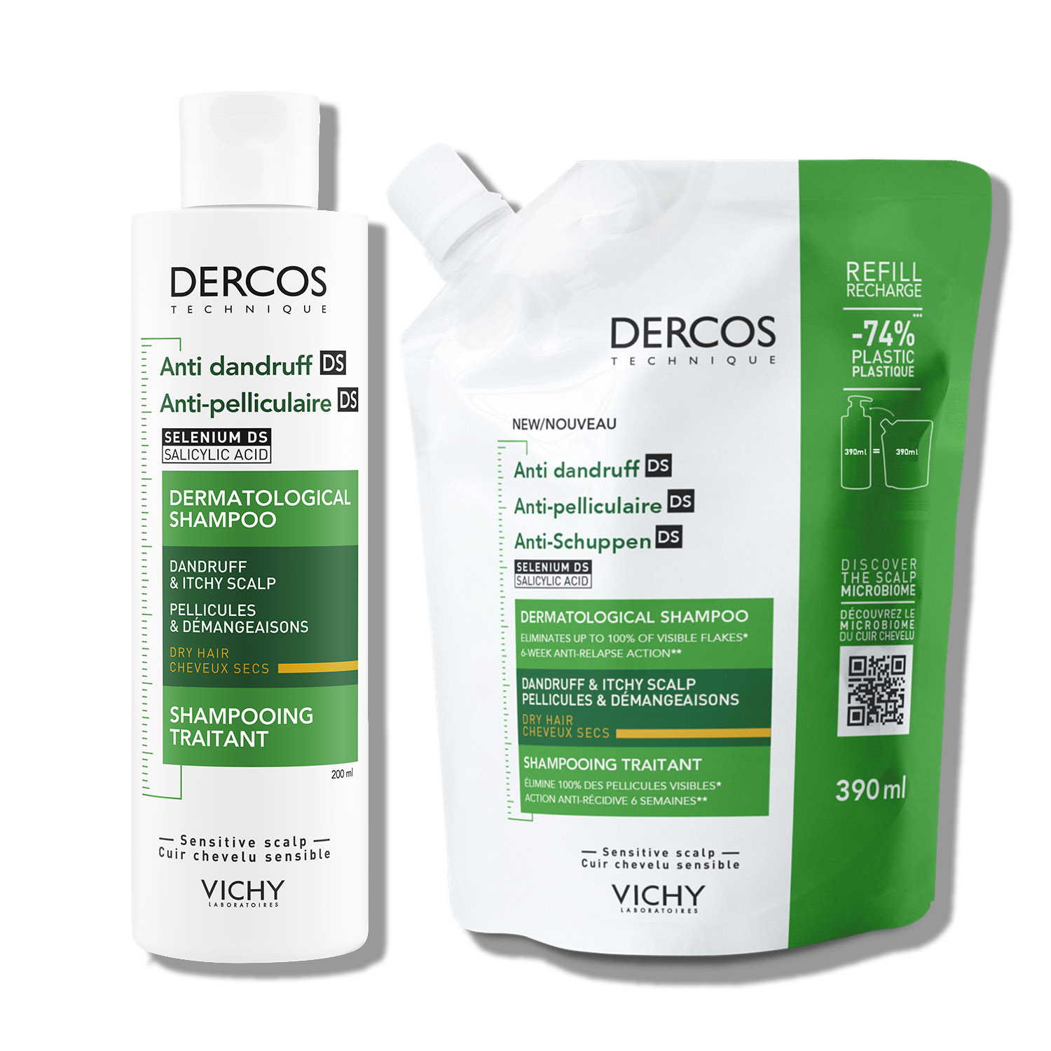 Vichy Dercos Шампоан против пърхот за сух скалп 200мл + Шампоан за сух скалп еко пълнител 390мл