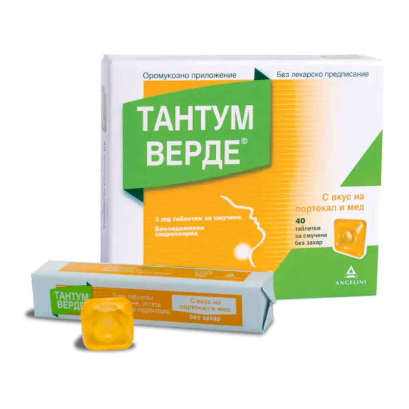 Тантум Верде таблетки с вкус на портокал и мед при възпалено и билно гърло x 40