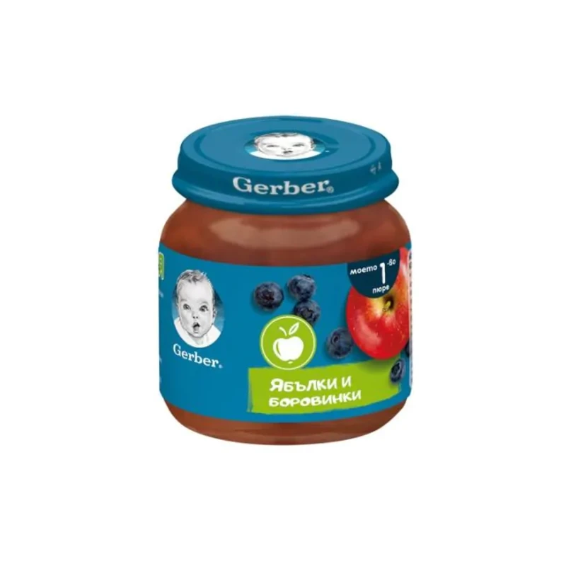 Gerber Храна за бебета Пюре от ябълки и боровинки моето 1-во пюре, 125g, бурканче