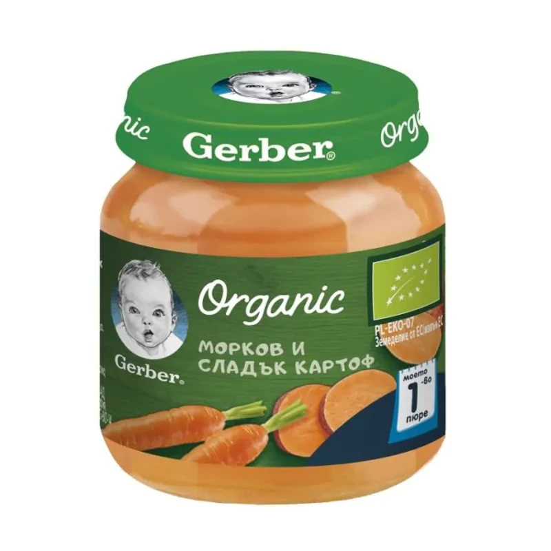 Gerber Organic Храна за бебета Пюре от морков и сладък картоф моето 1-во пюре, 125g, бурканче