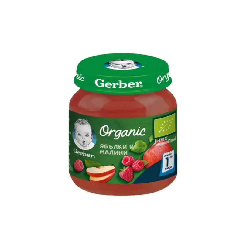 Gerber Organic Храна за бебета Пюре от ябълки и малини моето 1-во пюре, 125g, бурканче