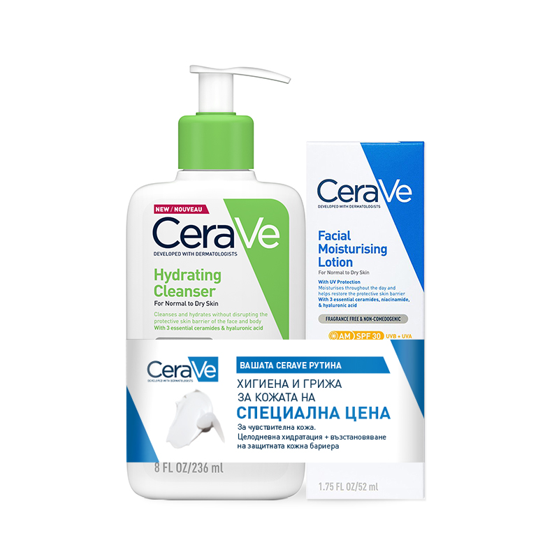 CeraVe Хидратиращ крем за лице SPF30 52 мл + CeraVe Измиващ крем за лице и тяло 236 мл 203636