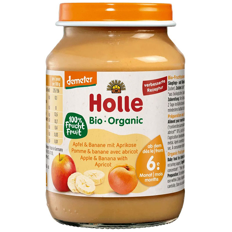 Holle Био пюре с ябълка, банан и кайсия 6+ месеца 190г