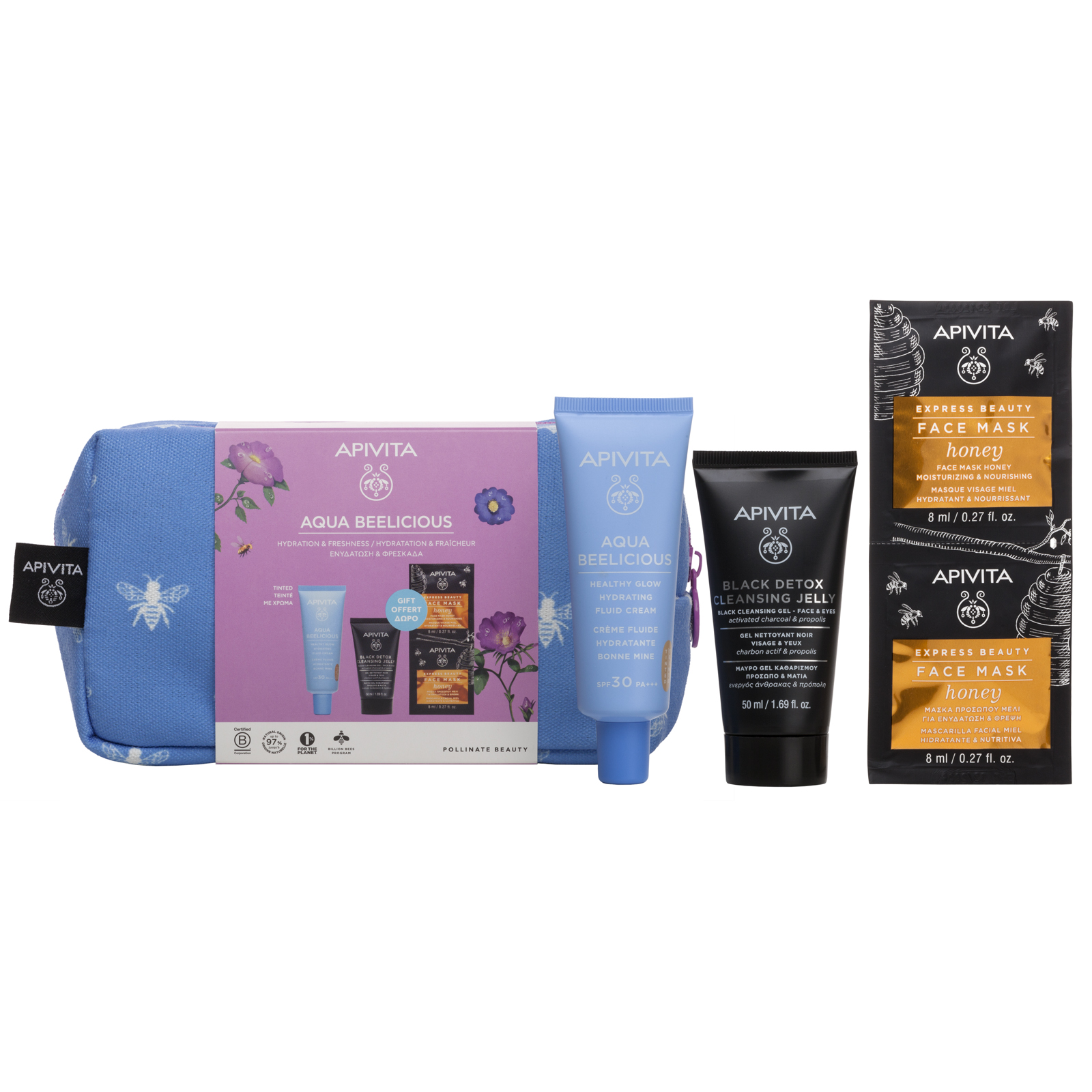 Apivita Aqua beelicious Тониран крем SPF30 40мл + Черен гел лице 50мл + Маска за лице мед 2х8мл