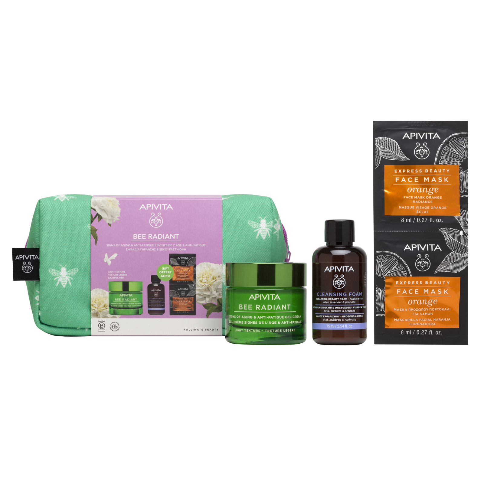 Apivita Bee radiant Лек крем 50мл + Почистваща пяна лице 75мл + Маска за лице с портокал 2х8мл