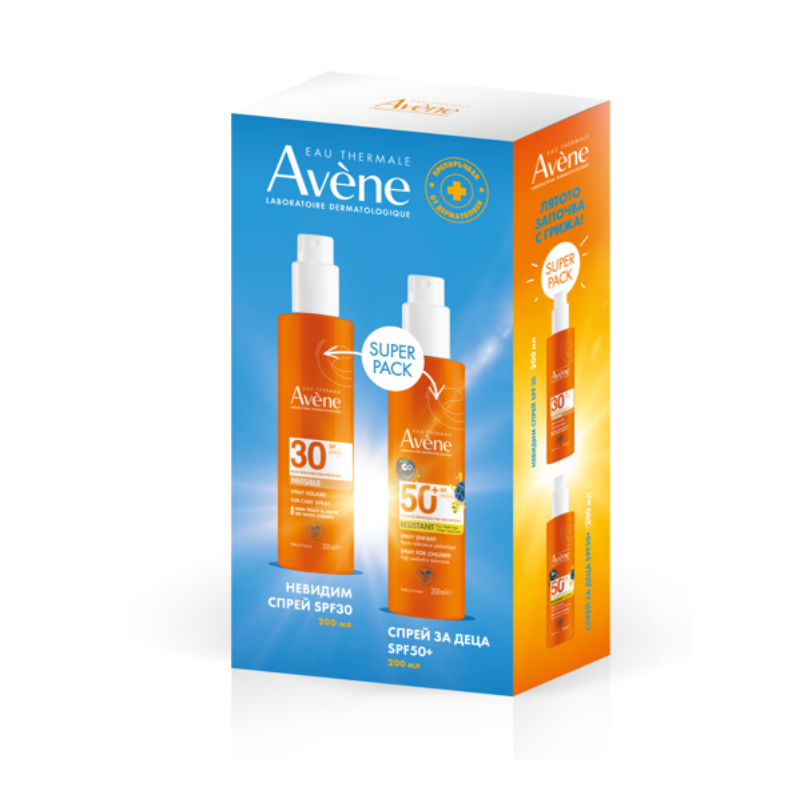 Комплект Avene Слънцезащитен спрей за възрастни SPF30 200мл + Спрей за деца SPF50+ 200мл