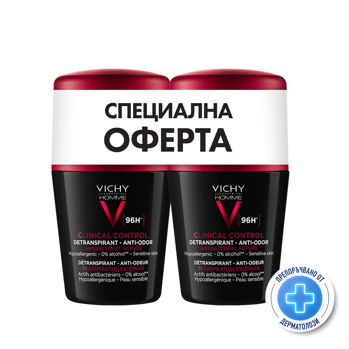 Комплект Vichy Homme Дезодорант Clinical Control рол-он ефект 96ч 2х50мл